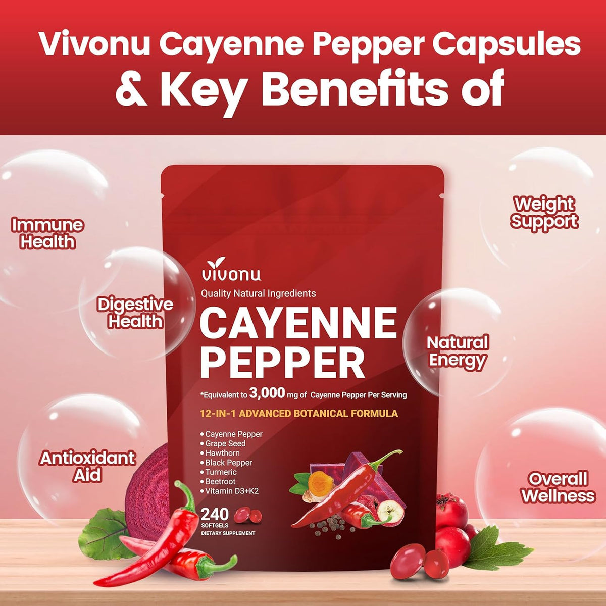 Cayenne Pepper Softgels Supplement, Supports Leg Vein, Heart and Blood Vessel Health, with Vitamin E D3+K2 and Extracts of Grape Seed, Hawthorn, Beetroot, Berberine and Others(240 Softgels/1 Bag).