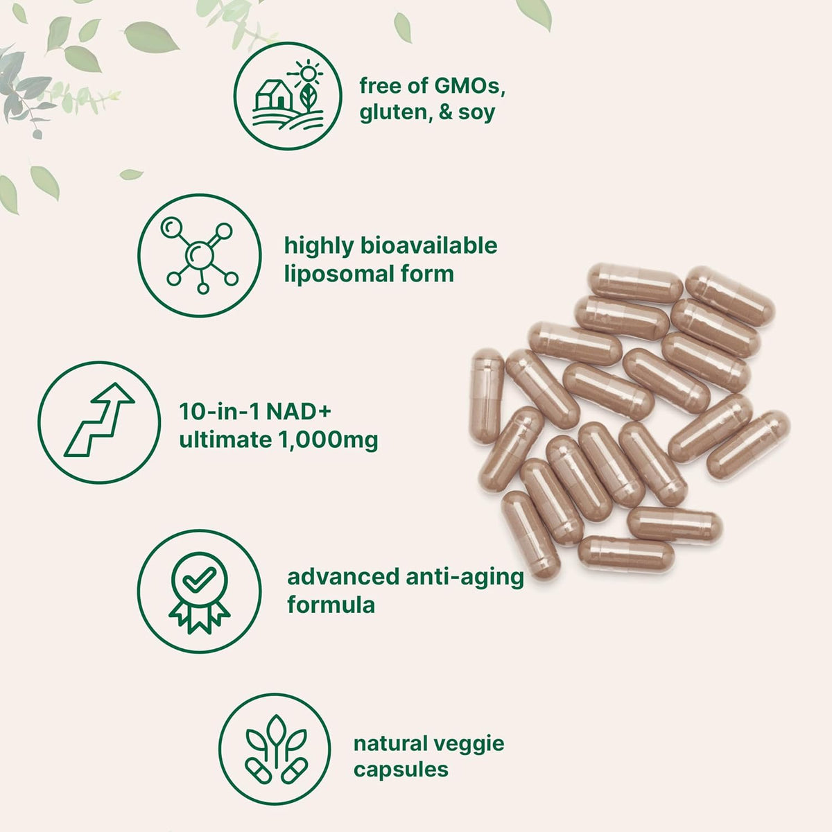 Liposomal NAD+ Ultimate 1,000mg | 60 Veggie Capsules | NMN Pathway Formula | 10-in-1 with Resveratrol, Glutathione & Astaxanthin | NAD Supplement for Women & Men | Anti-Aging, Energy, & Brain Support