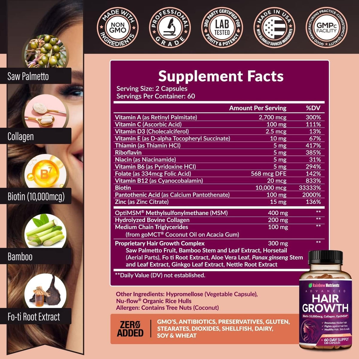 Hair Growth Vitamins for Women | Biotin 10,000Mcg, Collagen, Patented Optimsm®.